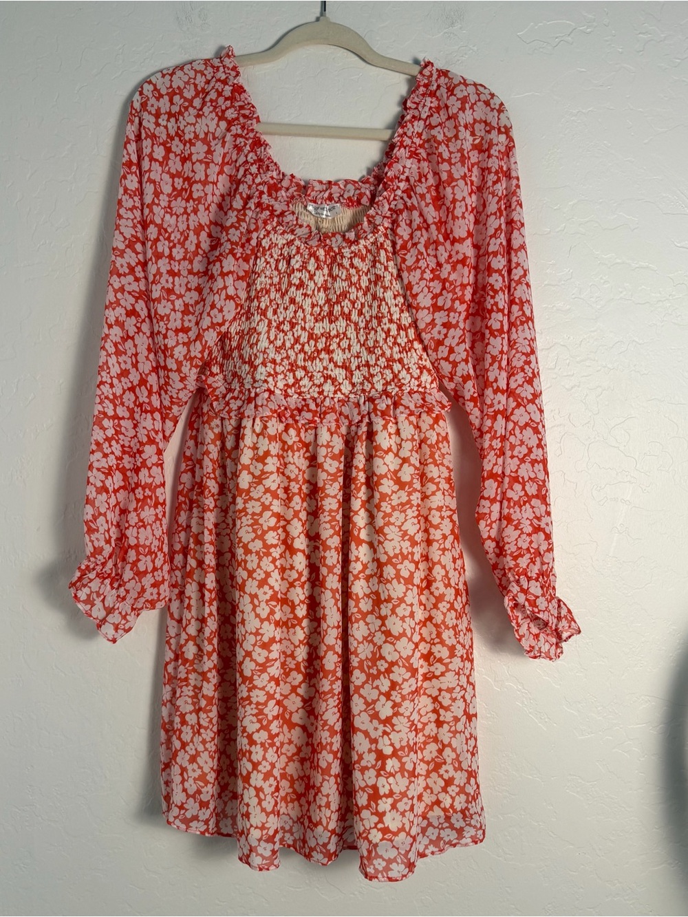 Shop Neighbor Women's Large Smocked Bodice Dress Coral Ditsy Floral Longsleeve